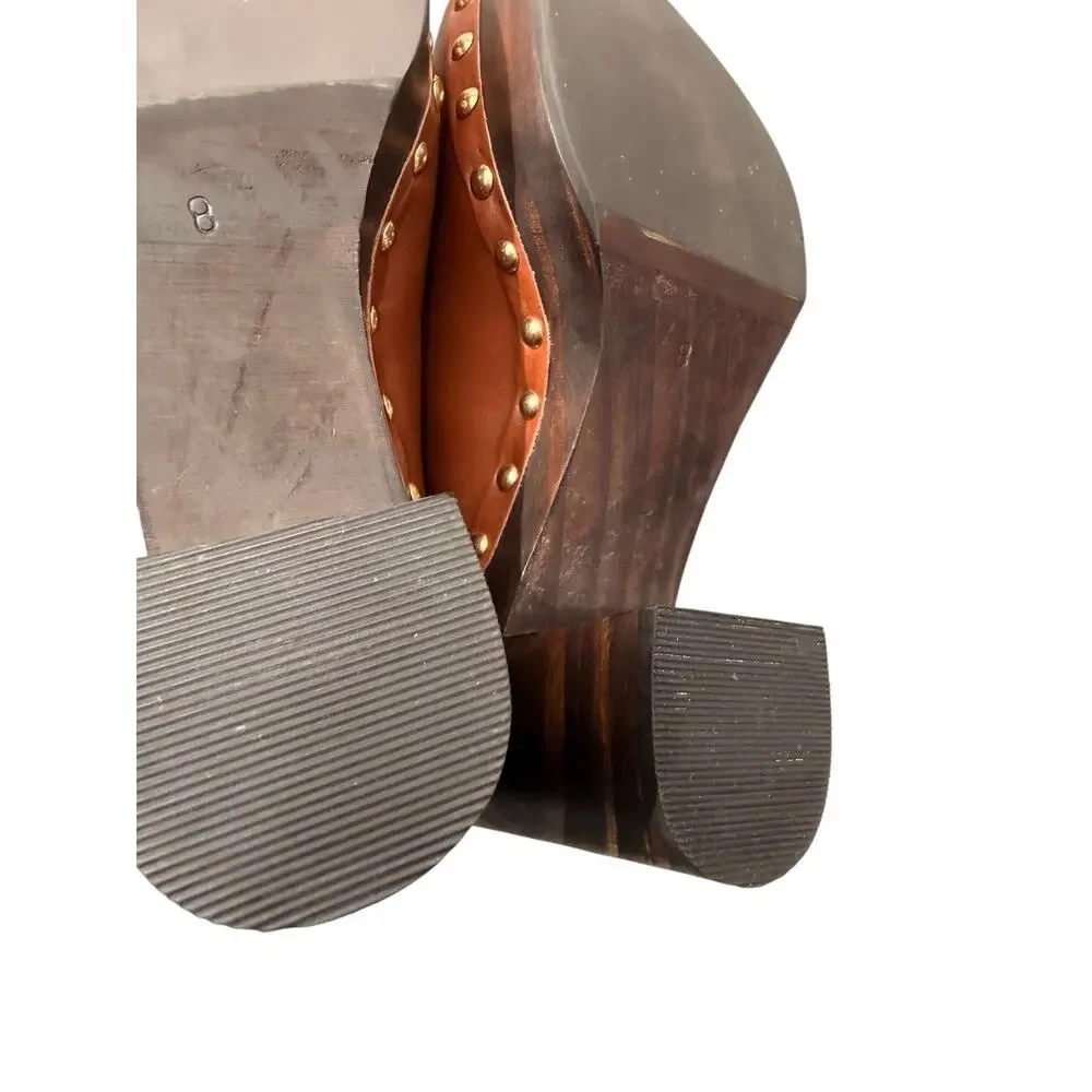 Matisse Brown Leather Platform Clogs LIBERTY Gold Studded Wood Heel Mule Size 8M - Picture 12 of 13